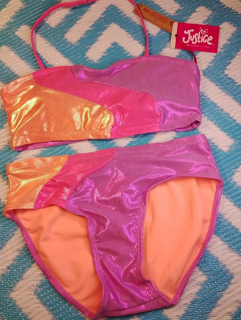 Justice Girl's 2pc Swim Suit Colorblock Bikini Pink Size: XL (16-18)